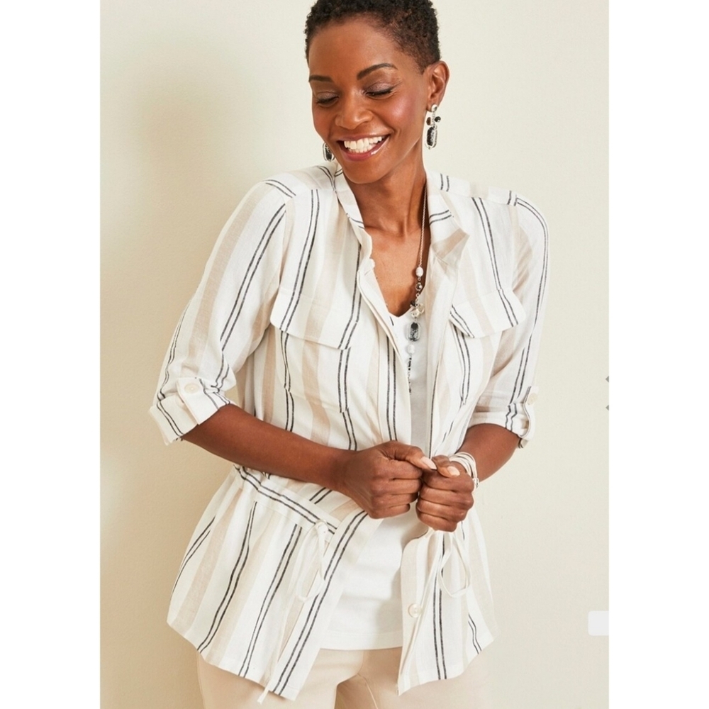 Chico's Uplifted Stripe Linen Rich jacket Cream Size  S